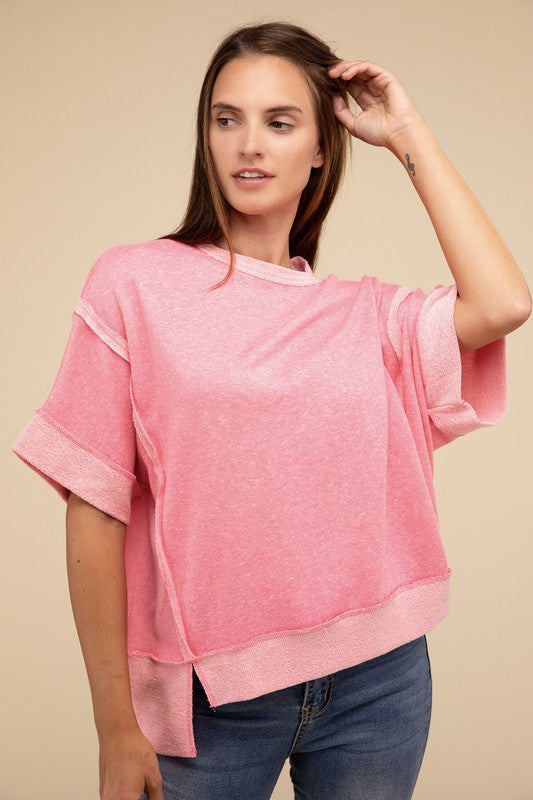 Contrast Trim Top Stitching Drop Shoulder Top